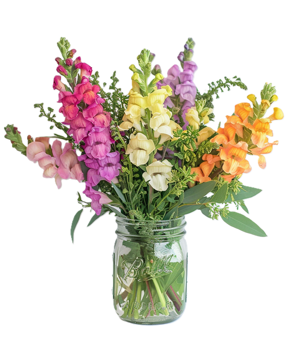 Bouquet vibrant de muflier dans un pot Mason - cadeau floral parfait